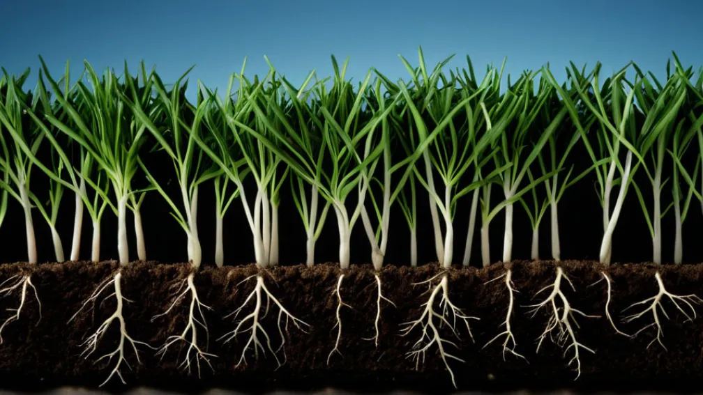 Абстрактное представление геномного редактирования, переплетенные нити ДНК и корни растений, символизирующие технологический прогресс в сельском хозяйстве